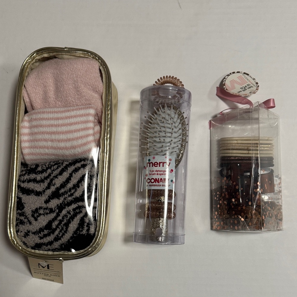 Christmas women’s bundle.3 socks, hair brush, hair accessories. All NWT